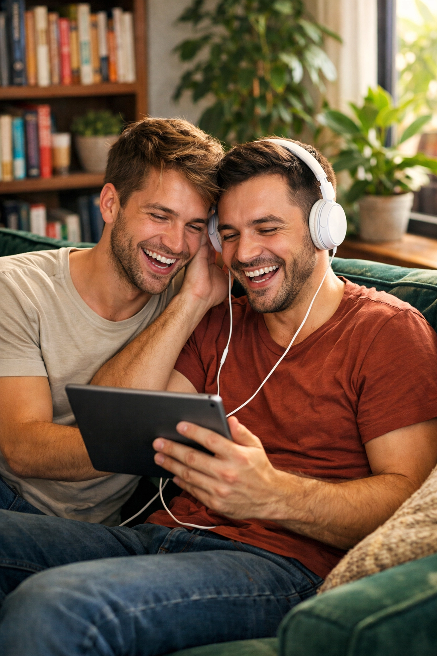 Two gay men laughing together on a sofa while reading on a tablet in a bright apartment.