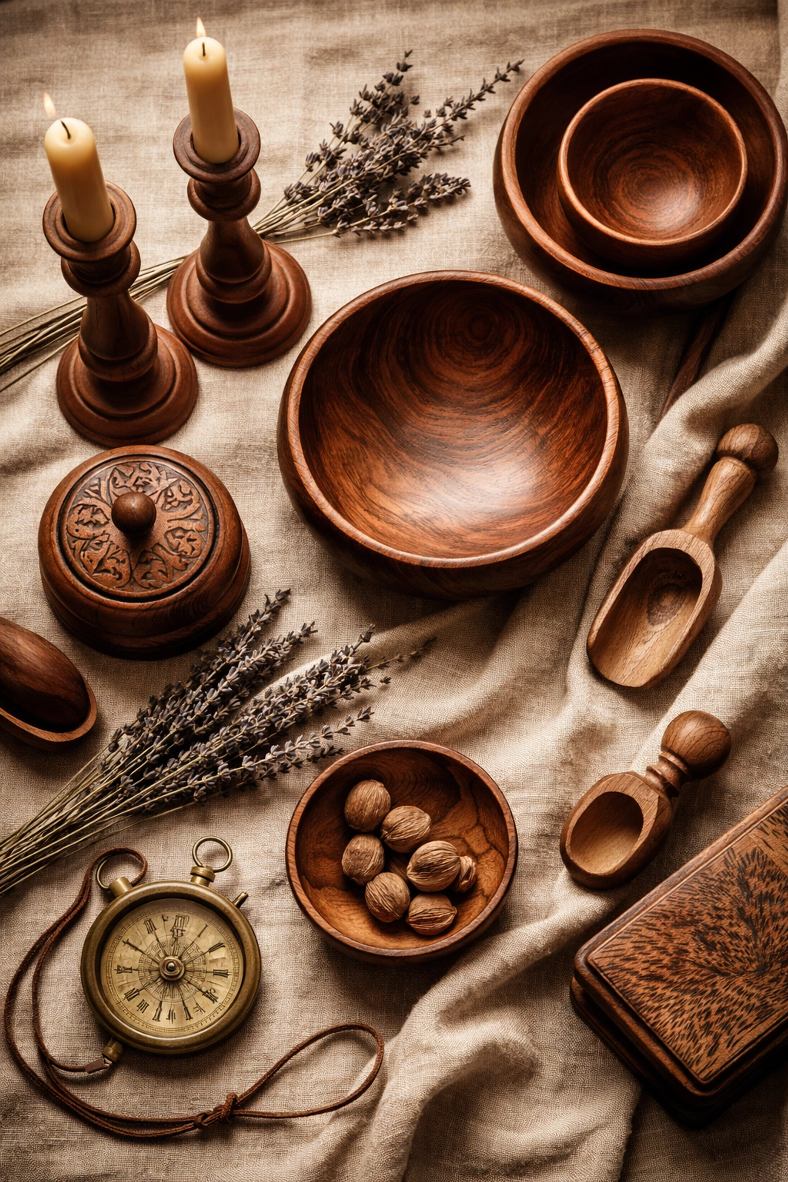 Artisan wooden bowls, candlesticks, and box in rich sepia tones displaying handmade craftsmanship