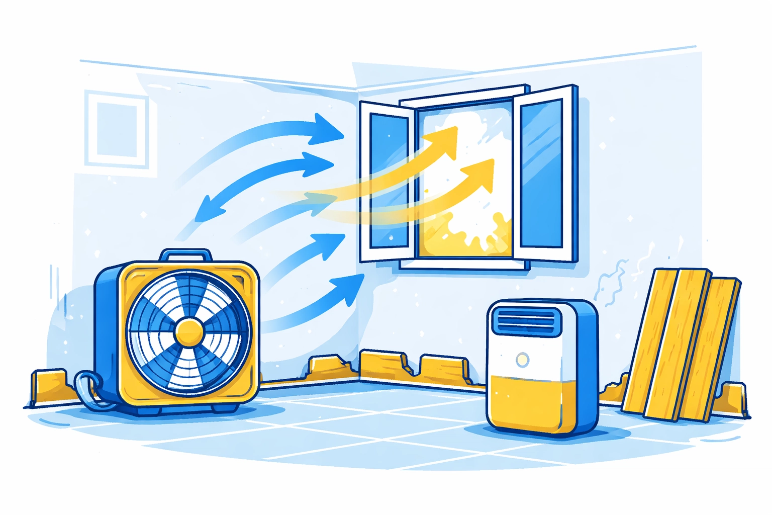 Room drying with fans and dehumidifier after emergency flood cleanup to prevent mold growth