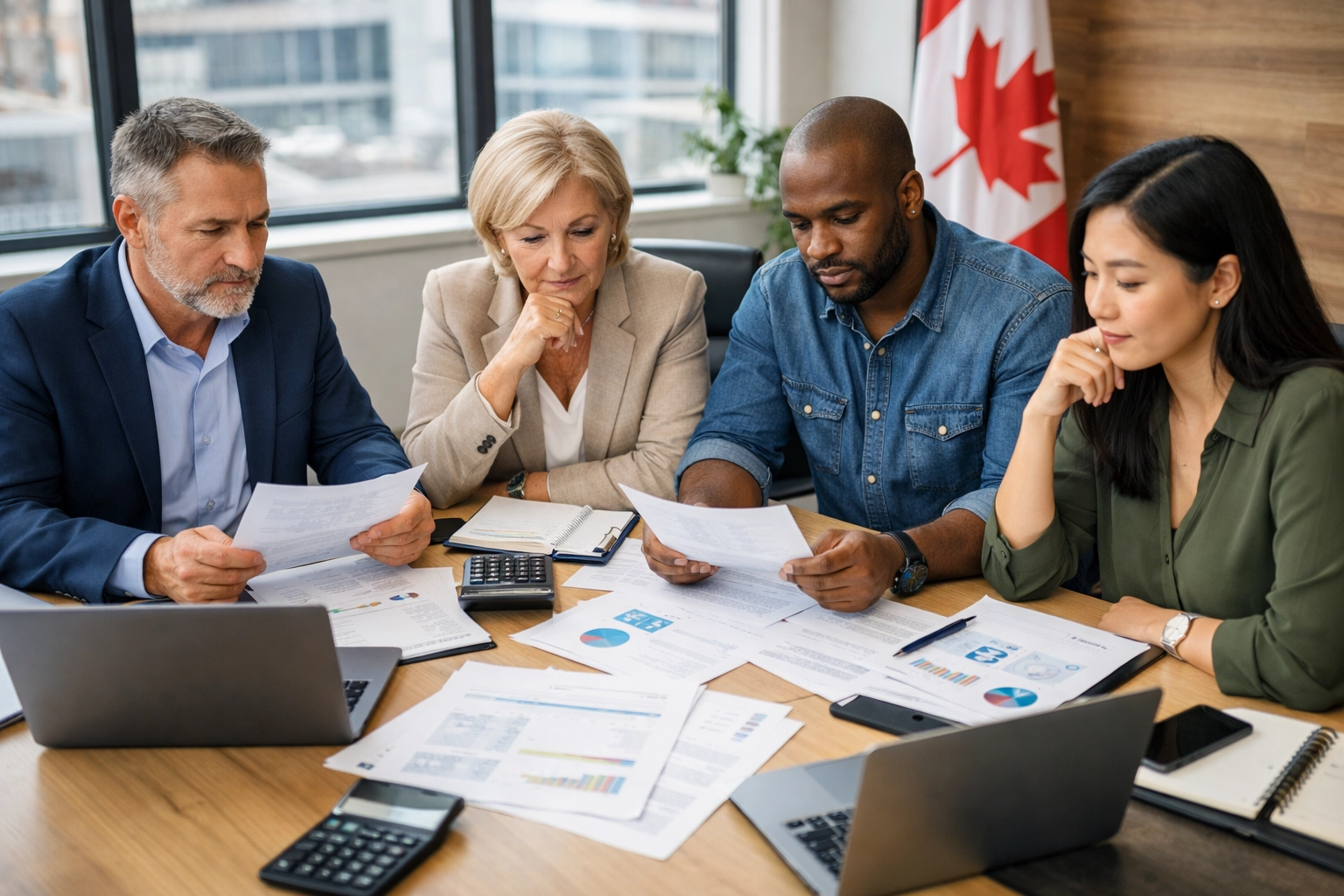 Canadian business owners reviewing financial documents and working capital loan applications