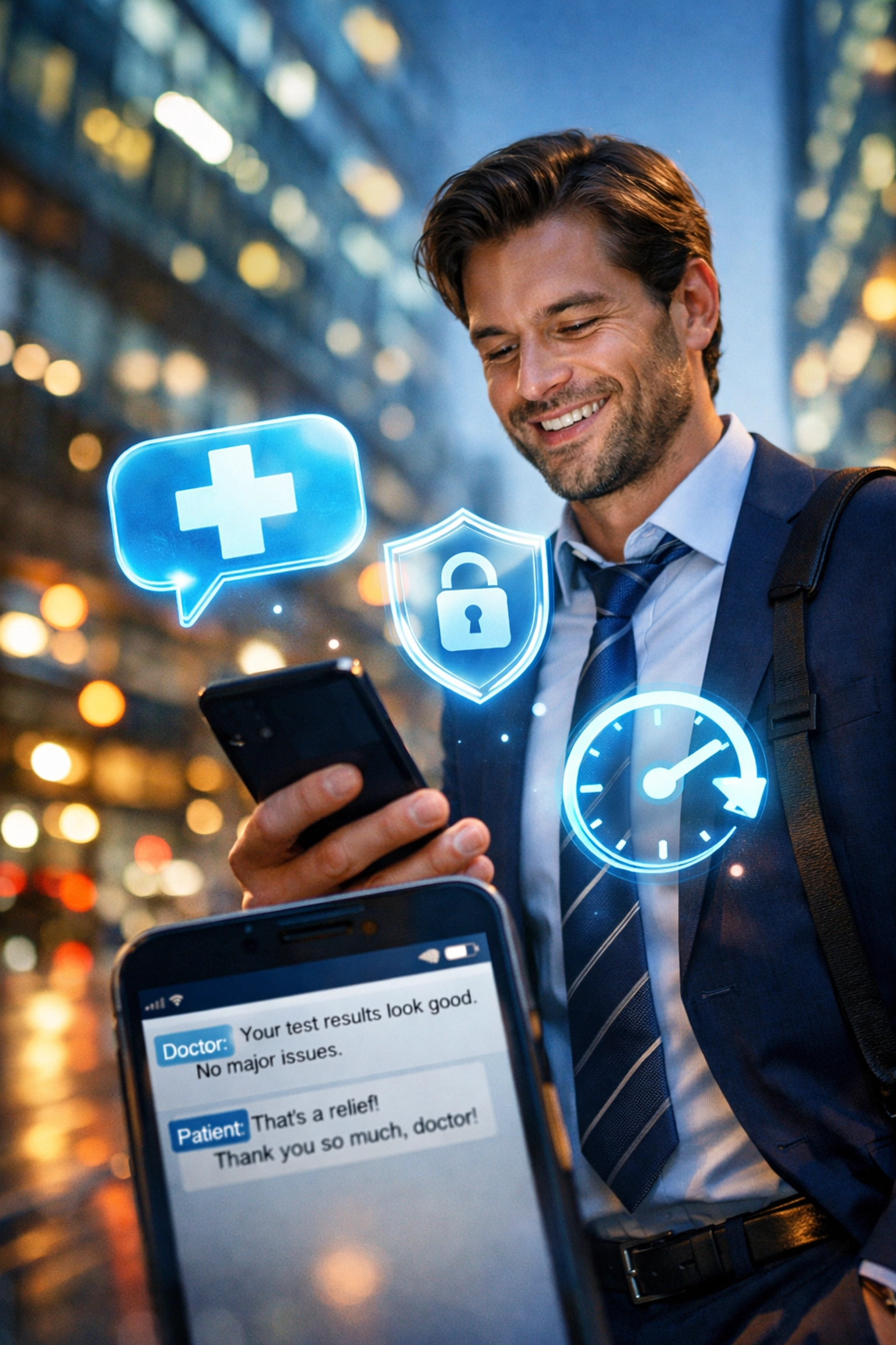 A professional using a mobile device for a 24/7 telehealth doctor consultation via secure medical chat.