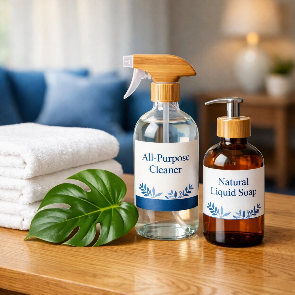 Eco-friendly residential cleaning Massachusetts supplies and bamboo bottles for non-toxic luxury home maintenance.