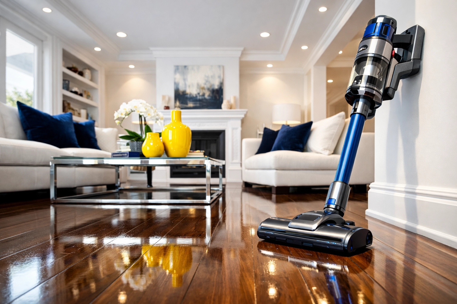 Spotless living room following professional residential cleaning in Waltham MA, featuring gleaming hardwood floors.