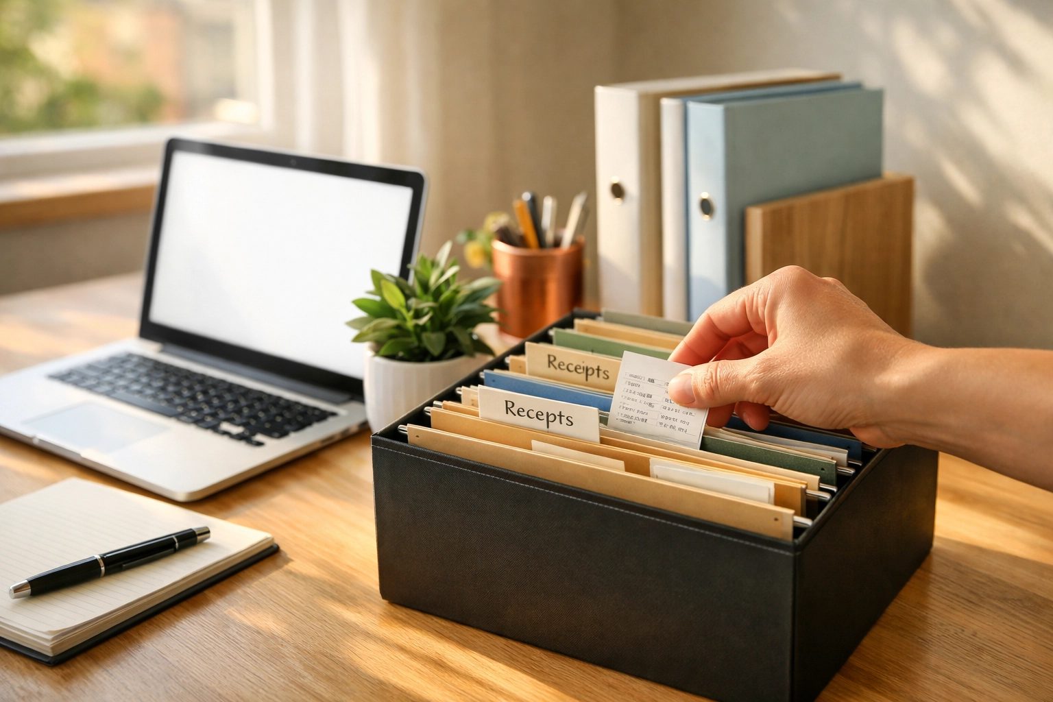 Organized home office workspace with filing system for tax document management
