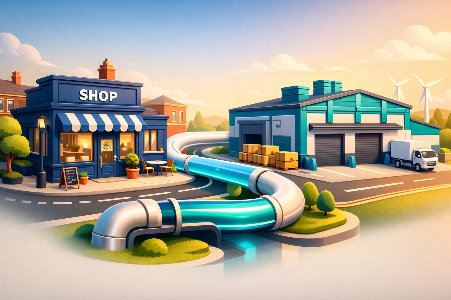 UK business park with small shops and large industrial factories connected to a gas pipeline.