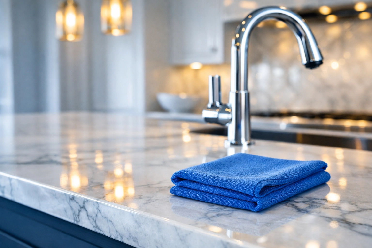 A polished marble kitchen island in a Westborough home showcasing high-quality deep cleaning results.