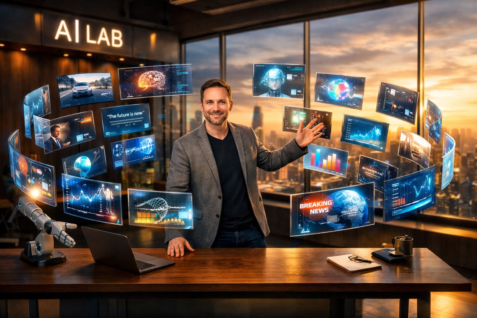 An expert strategist in an AI lab managing a vast array of multi-platform social media content assets.