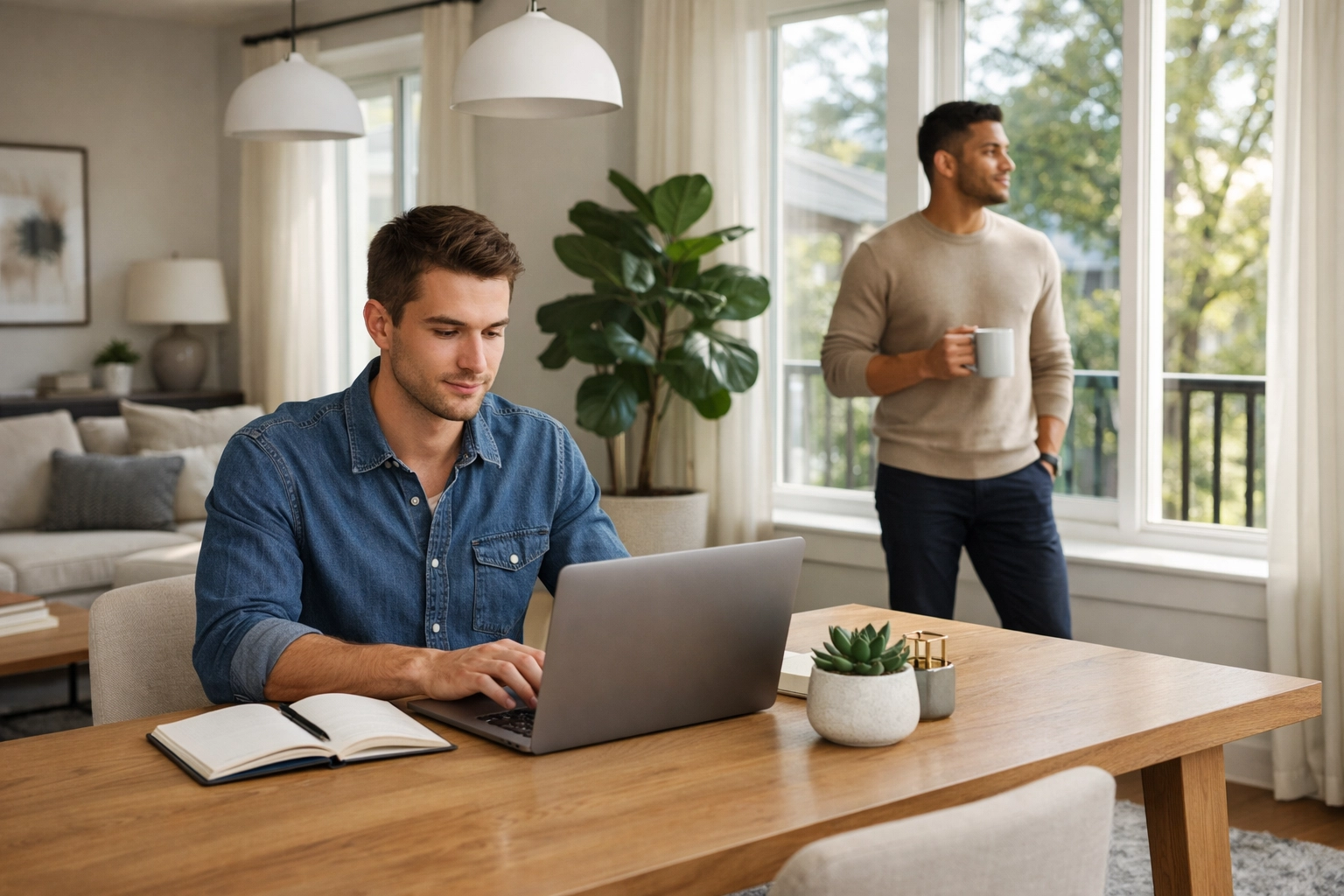 Professionals working in a modern Charlotte townhome, highlighting the upscale roommate economy lifestyle.