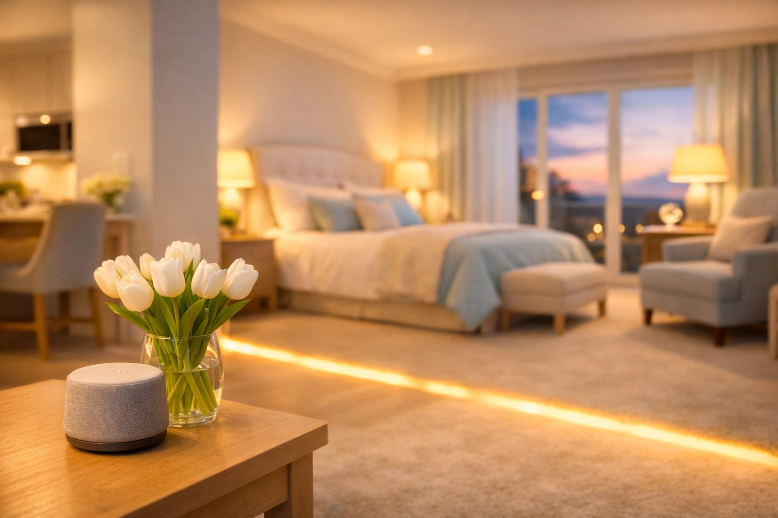 Smart floor lighting in a Lakewood Ranch assisted living suite designed for senior fall prevention.