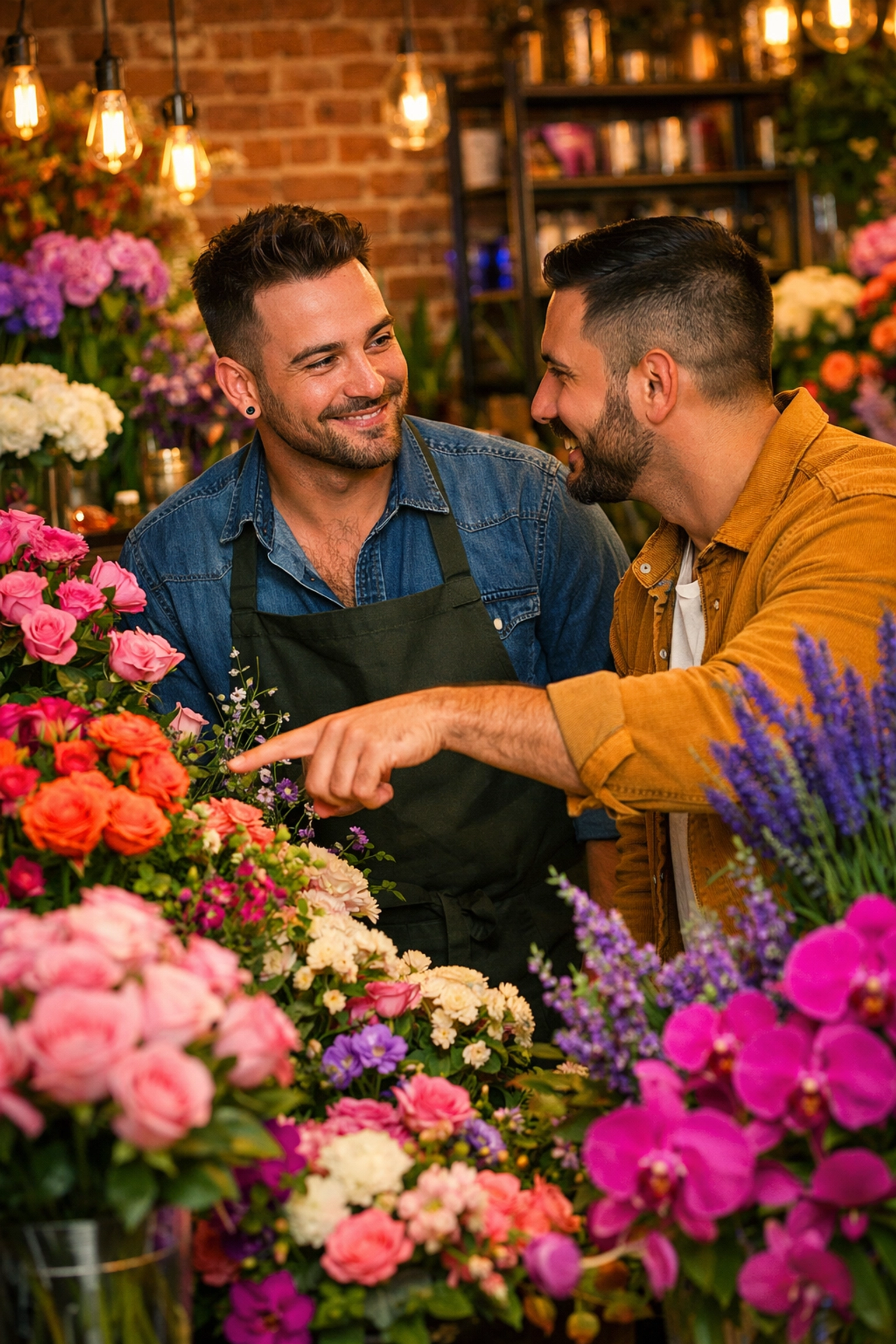 Modern gay florist consulting with customer in upscale flower shop with colorful blooms