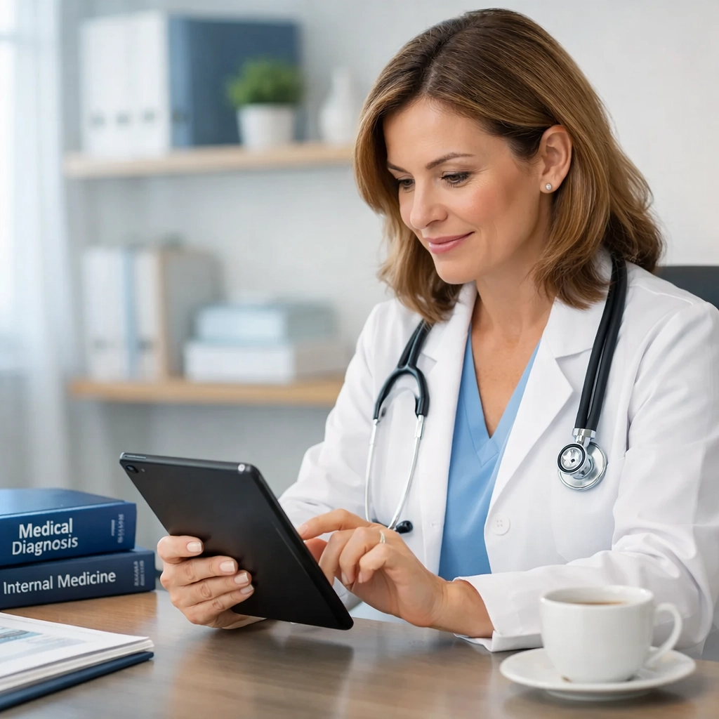 Doctor responding to patient text messages on tablet for online medical consultation