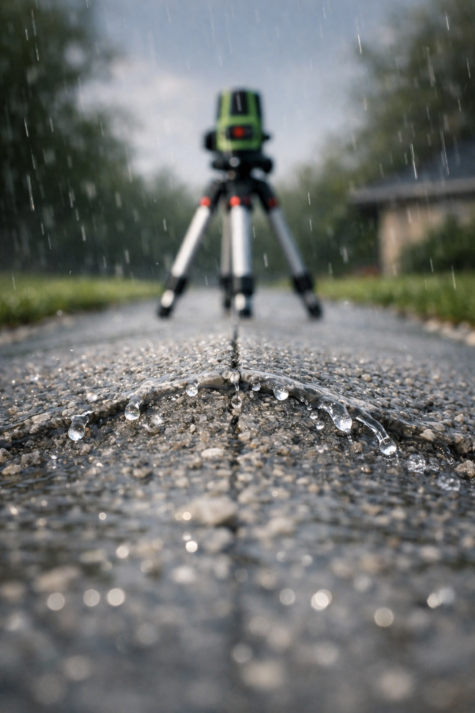 Properly crowned driveway showing effective water drainage during a Michigan rainstorm.