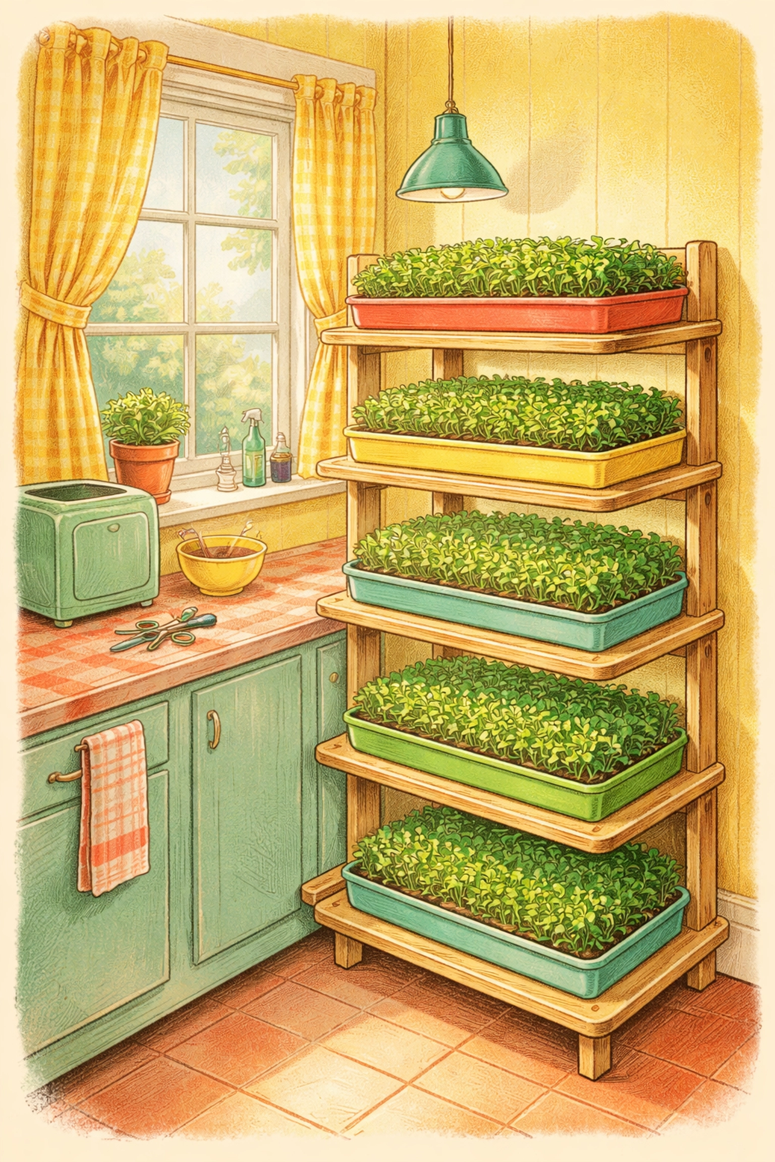 Family kitchen with stacked vertical shelves holding trays of green microgreens growing indoors in natural sunlight