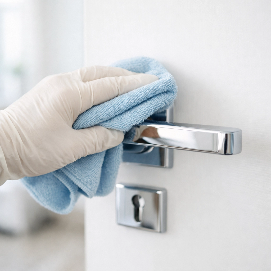 Detail cleaning door handle during apartment turnover final punch list