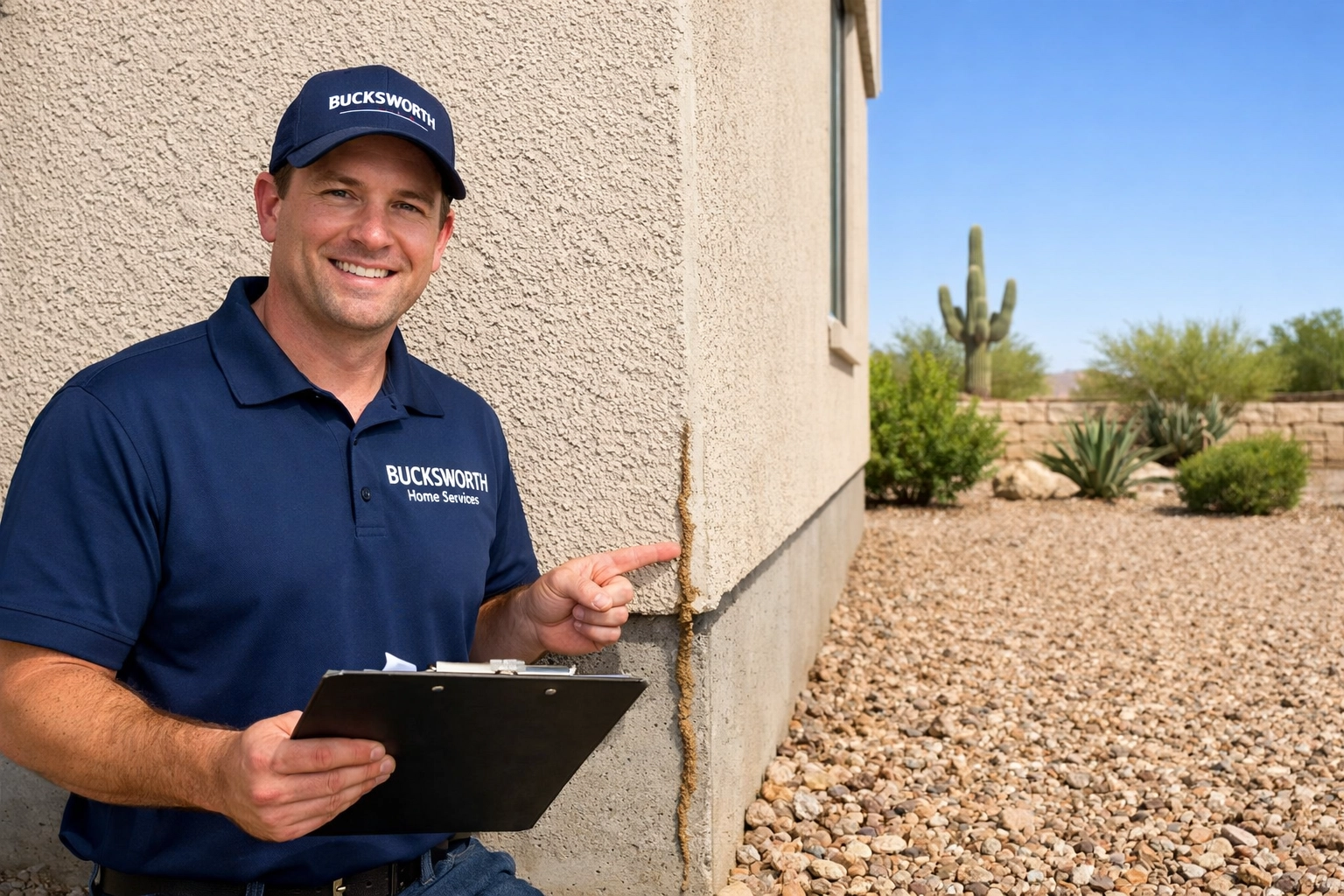 Bucksworth technician inspecting a termite mud tube on a Gilbert AZ home foundation for pest control.