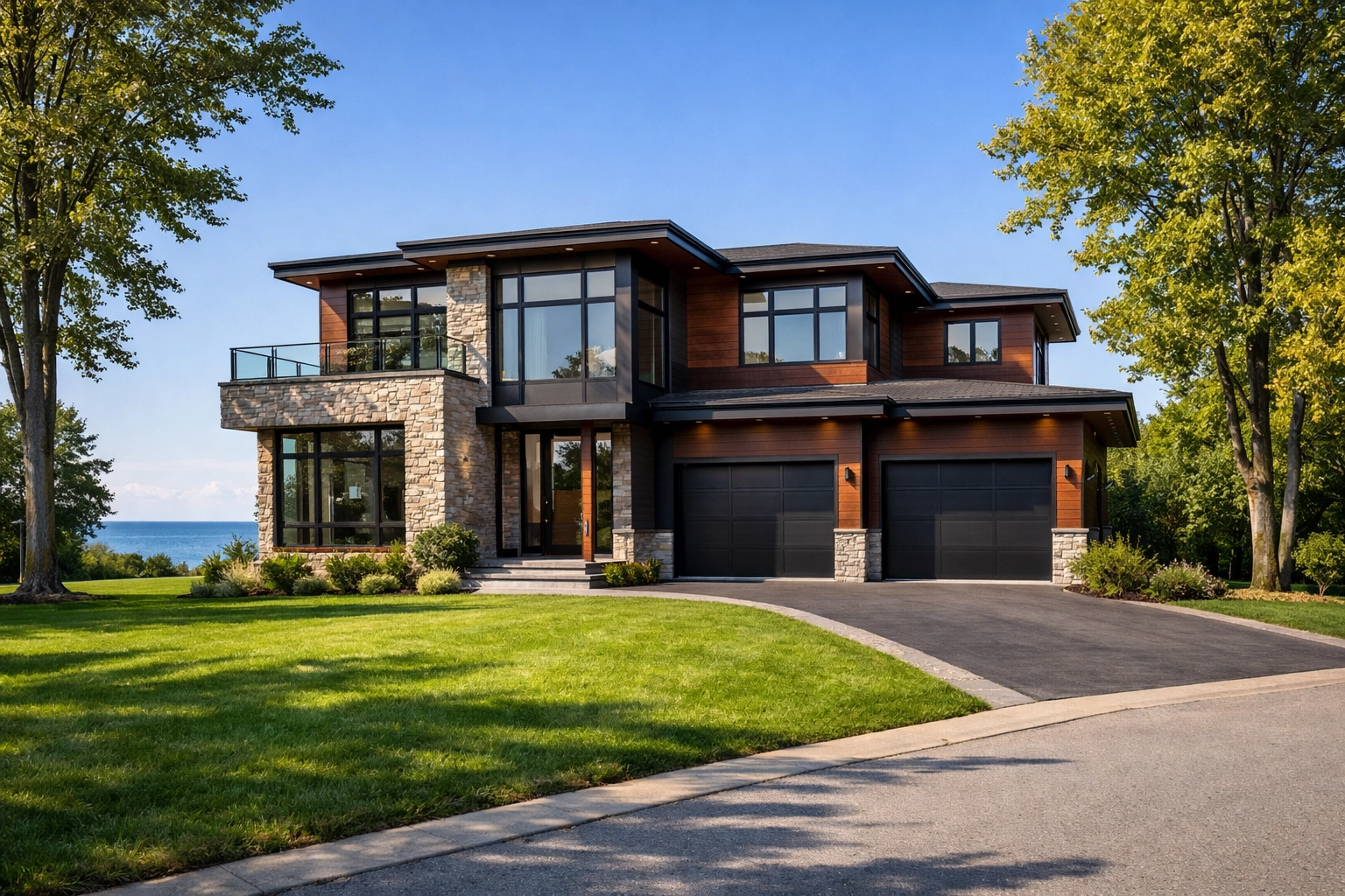 Modern detached house in Innisfil Ontario with lakeside proximity and stone accents.