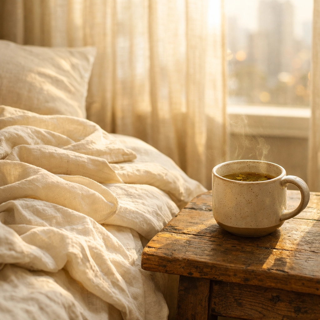 Cozy bedroom corner for postpartum rest and recovery, featuring soft linens and tea for a new mom.