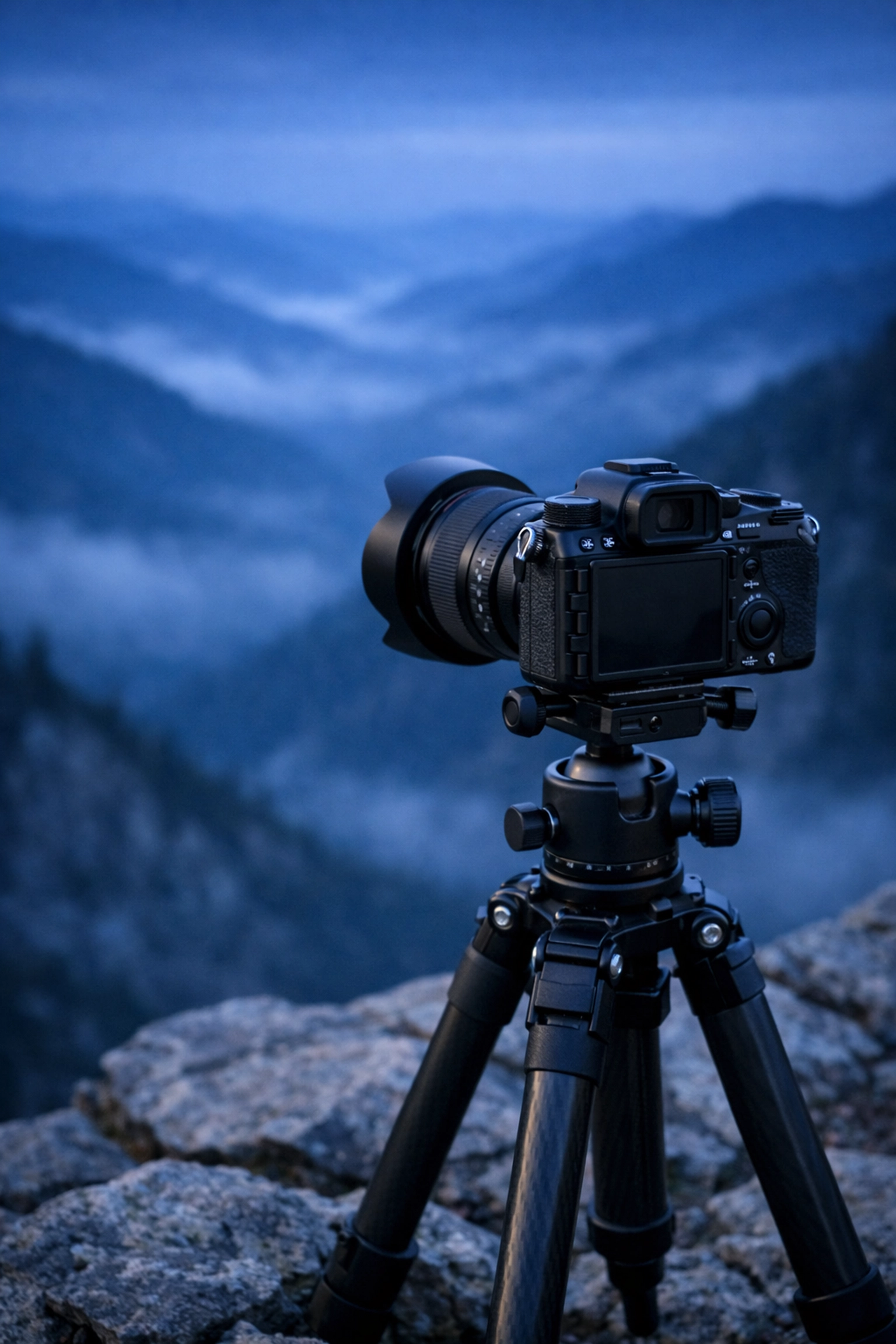 The Ultimate Guide to Photographing All 63 US National Parks: Everything You Need to Succeed 4 Professional photography gear on a tripod overlooking a misty mountain valley during blue hour.