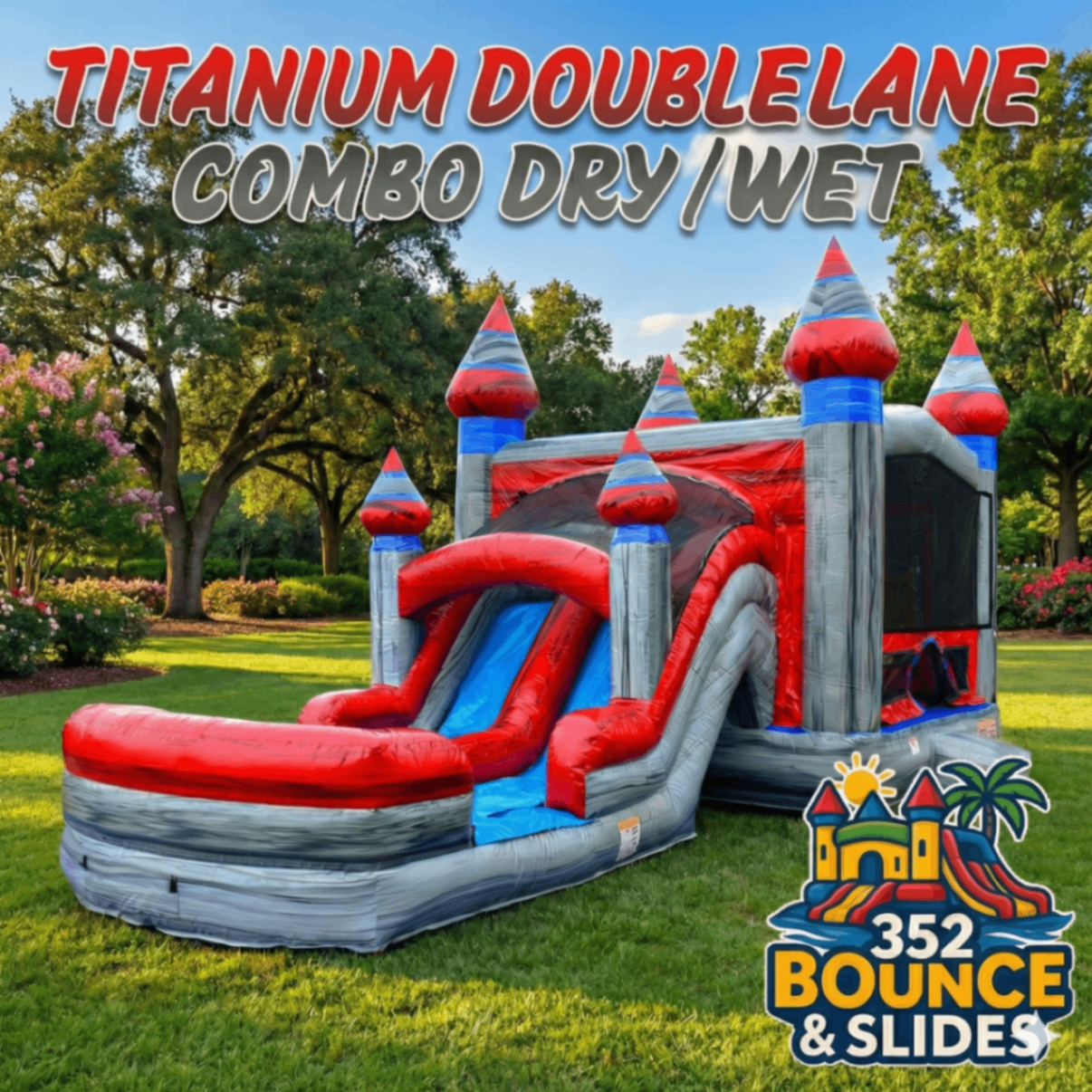 Titanium Double Lane Combo inflatable Bounce house with a double lane slide for dry or wet use, featuring vibrant red, blue, and gray castle design. Set up outdoors on grass, displaying 352 Bounce & Slides branding in the lower corner.