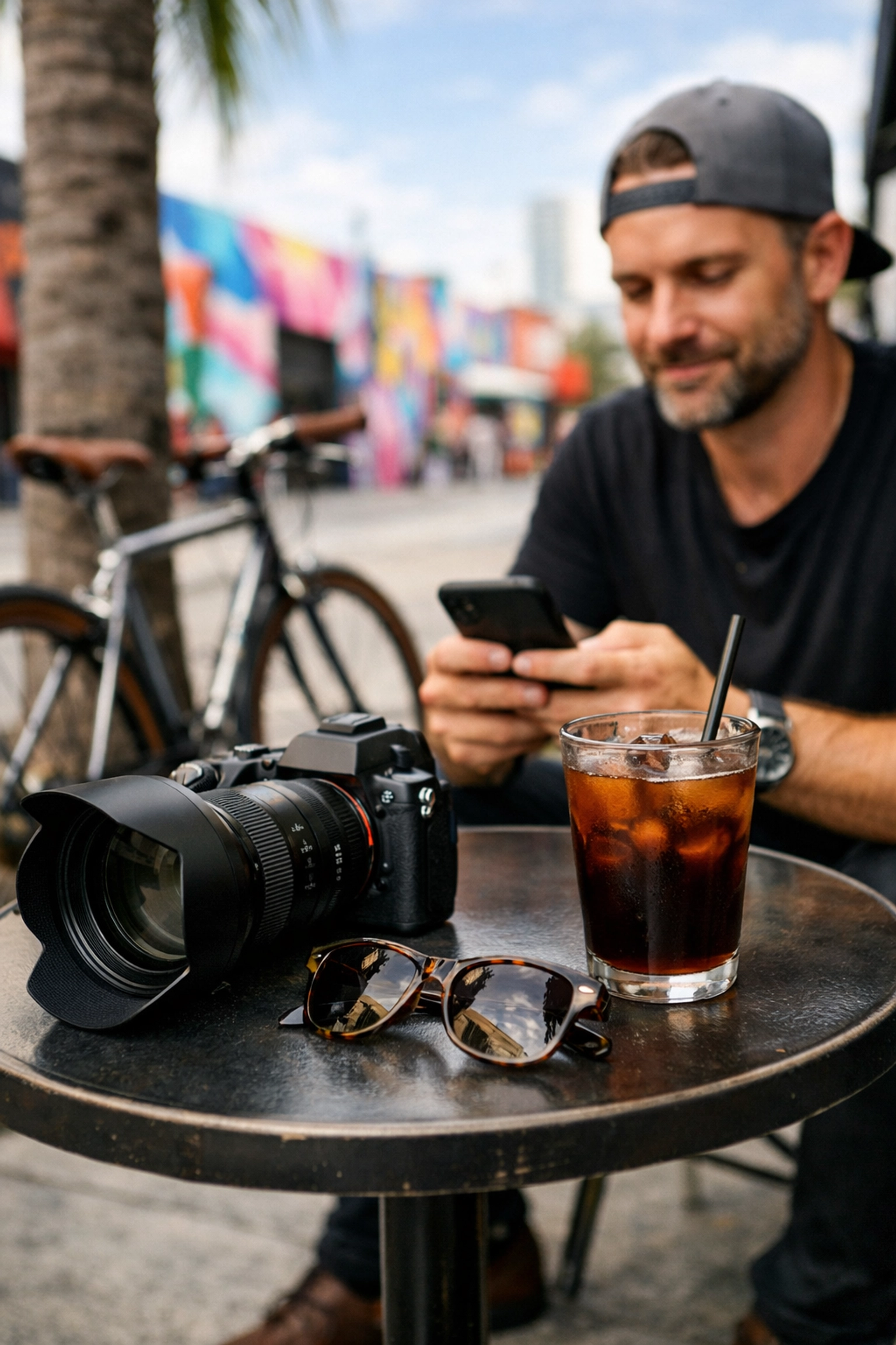 Mirrorless camera at a Wynwood cafe, representing a professional headshot photographer's lifestyle in Miami.