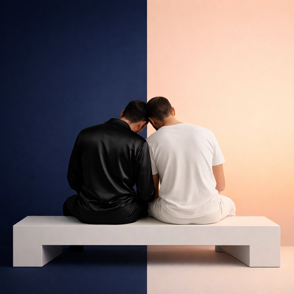 Two men silhouetted against a day and night background, symbolizing emotional connection in LGBTQ+ fiction.