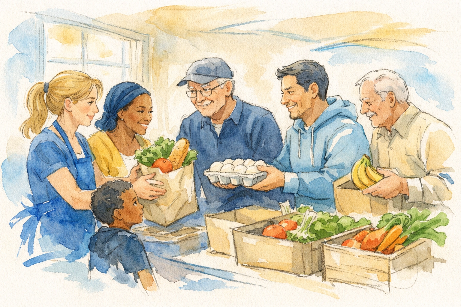 Church volunteers serving families at community food distribution center demonstrating presence over performance