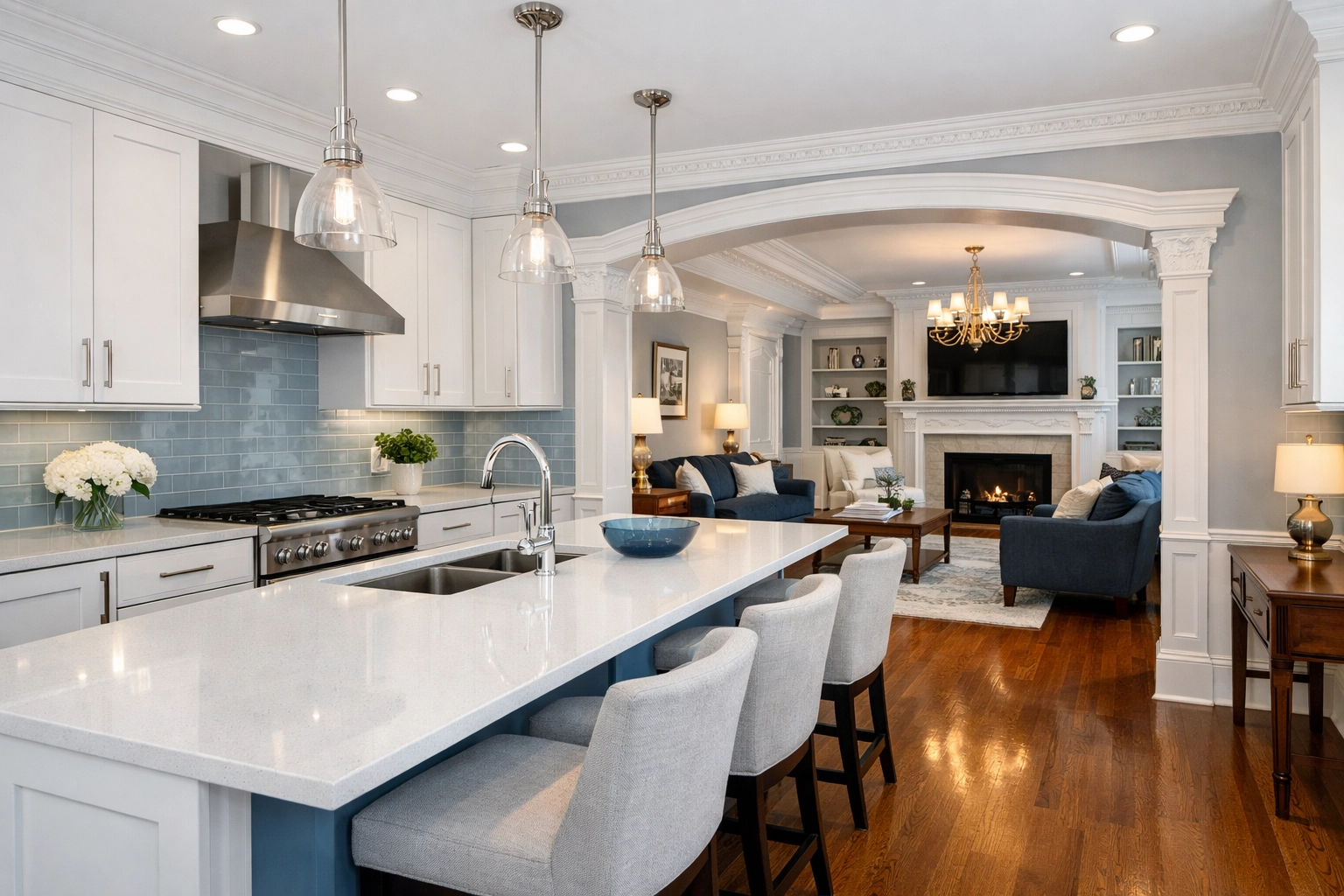 Spotless modern kitchen and living room after a professional deep cleaning in Westborough.