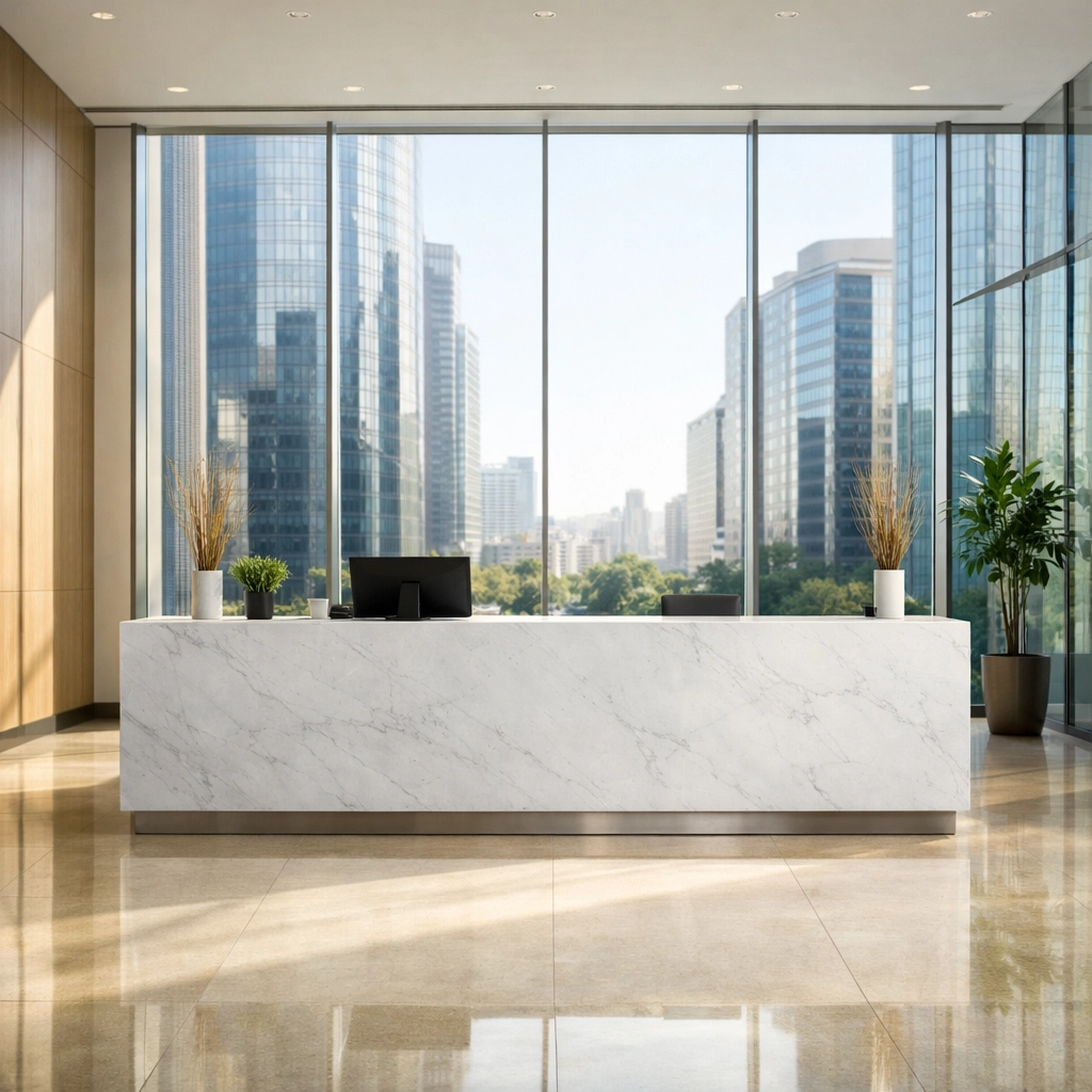Clean and modern Chicago high-rise office lobby with polished floors maintained by a professional cleaning service.