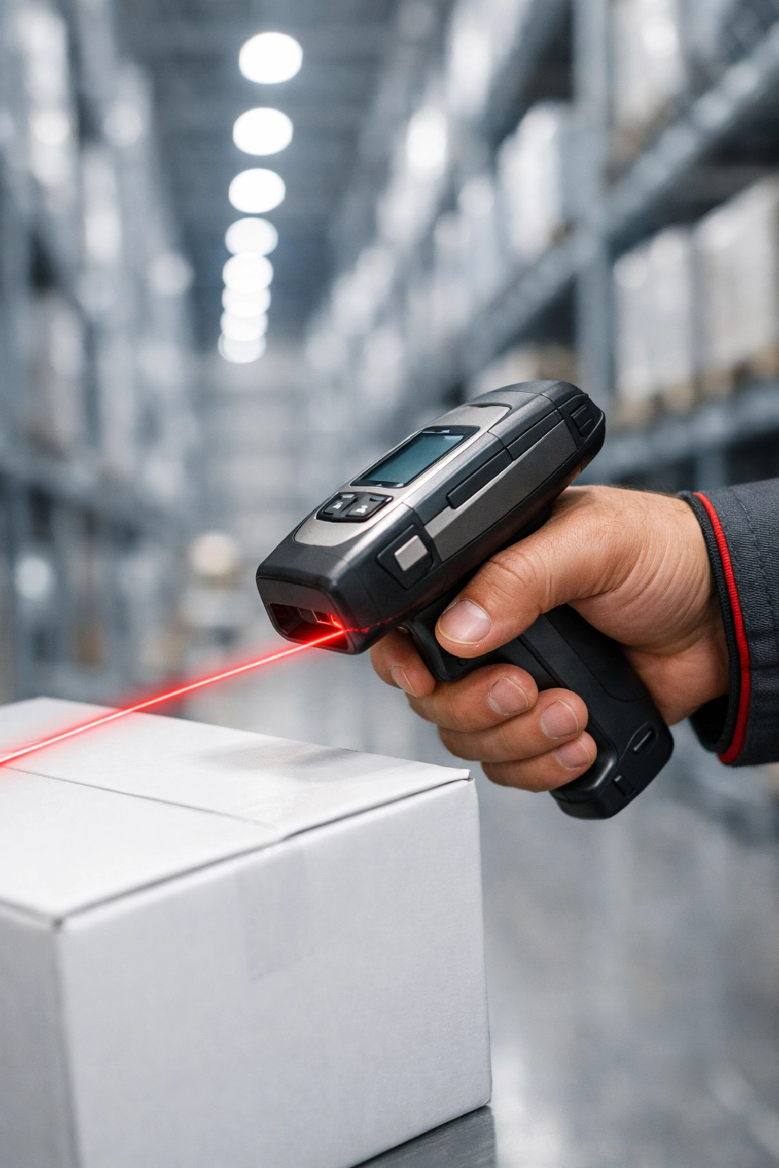 Warehouse professional using a handheld digital scanner for efficient retail logistics and inventory management.