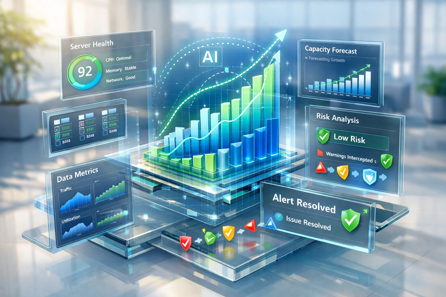 ServiceNow predictive analytics dashboard displaying ITOM performance metrics and health indicators