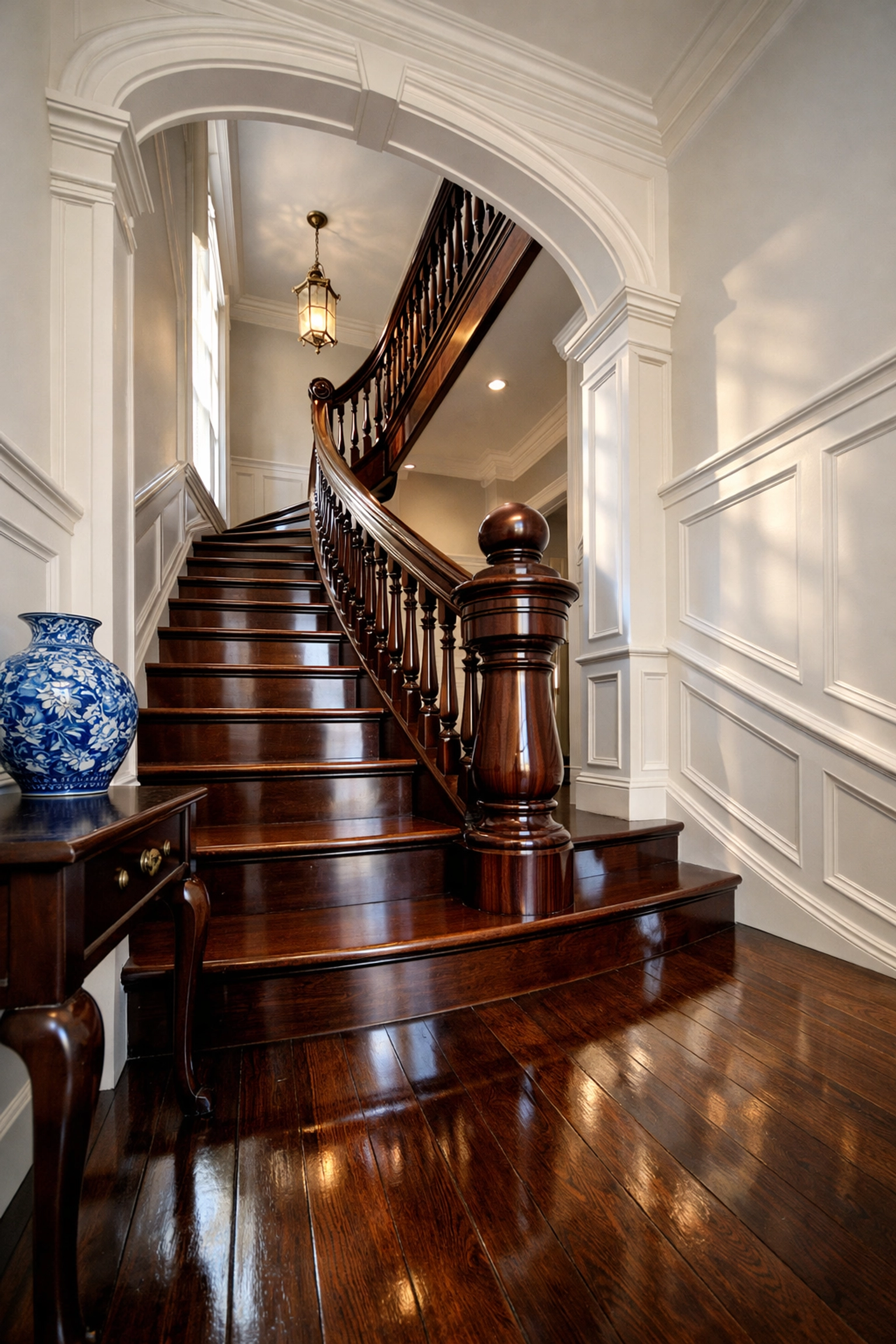 Pristine historic West Cambridge entryway with polished mahogany stairs after a professional deep cleaning.