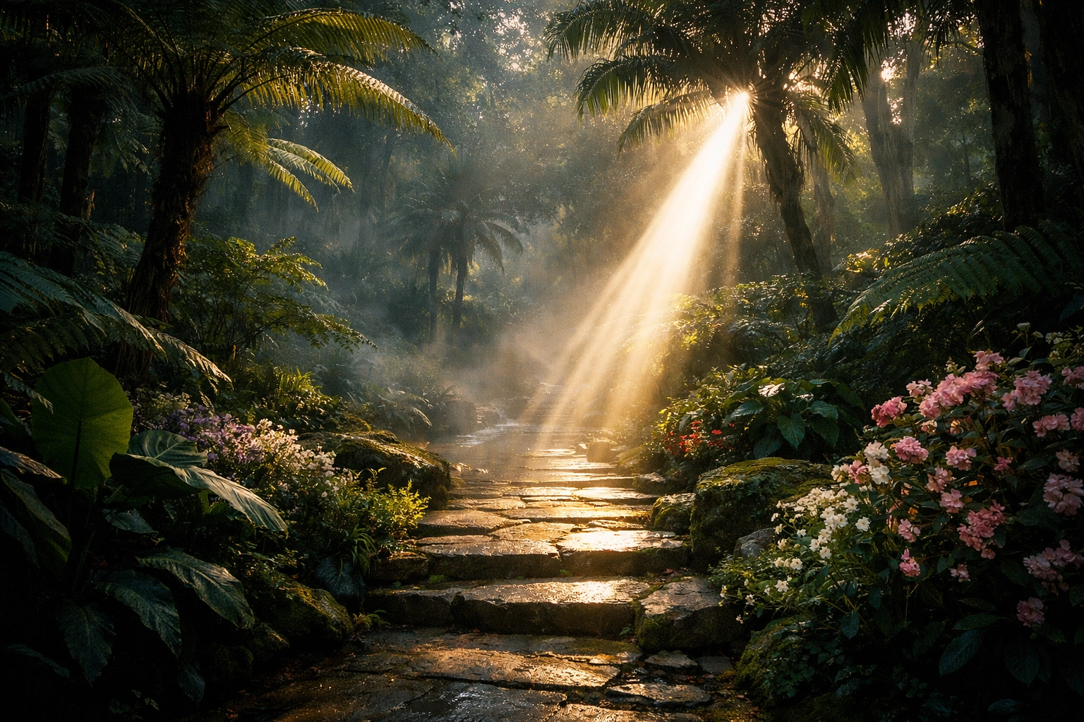 A serene botanical sanctuary at dawn, symbolizing organic renewal in Lavinia’s Garden.