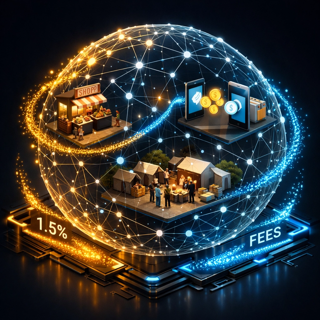 Blockchain network connecting merchant payments to global hunger relief distribution centers