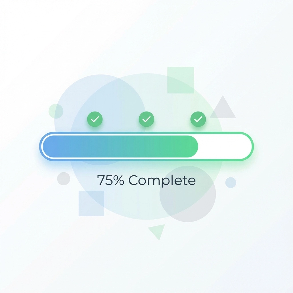 Horizontal progress bar at 75 percent suggests increased form and checkout completion for website conversion.