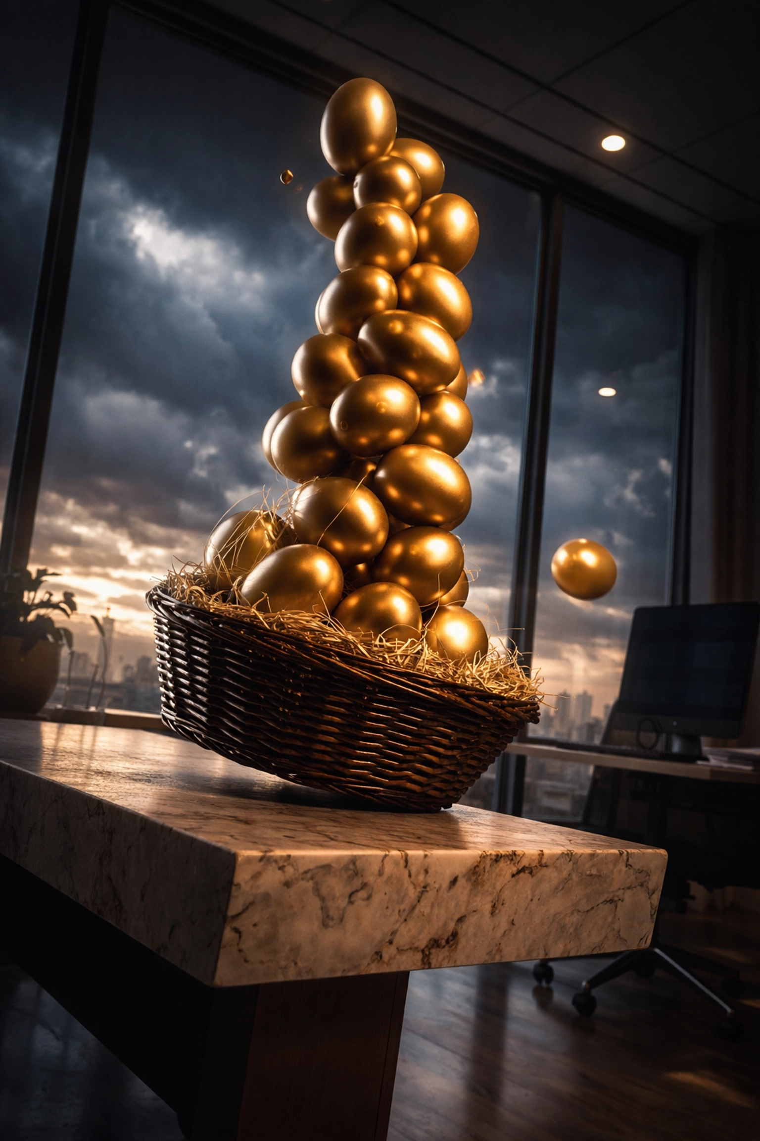 A tower of golden eggs tilting in a basket symbolizes investment risk from lack of portfolio diversification.