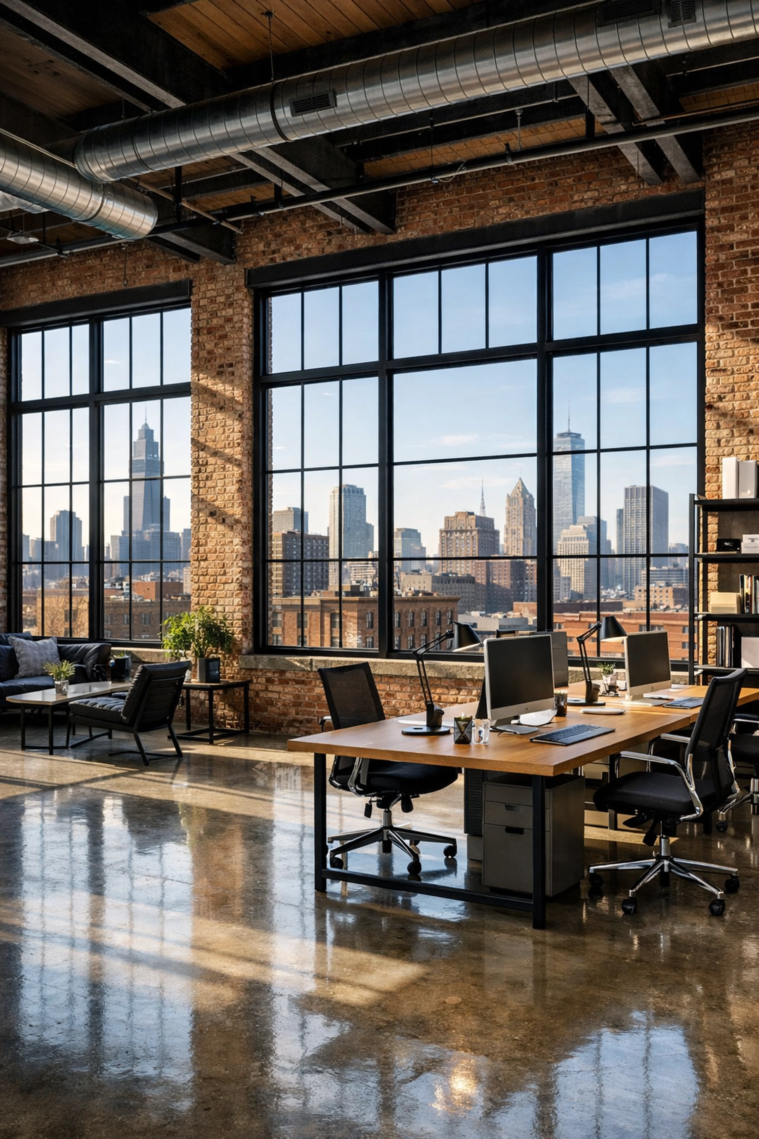 Clean modern loft office in Chicago featuring polished concrete floors and high-end industrial design.
