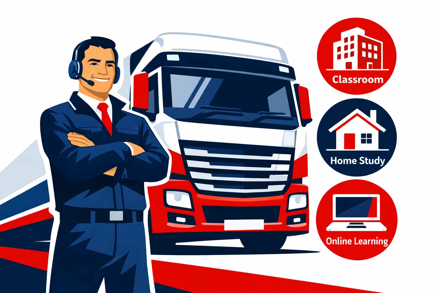 Expert instructor standing by an HGV illustrating flexible classroom, home, and online learning paths.