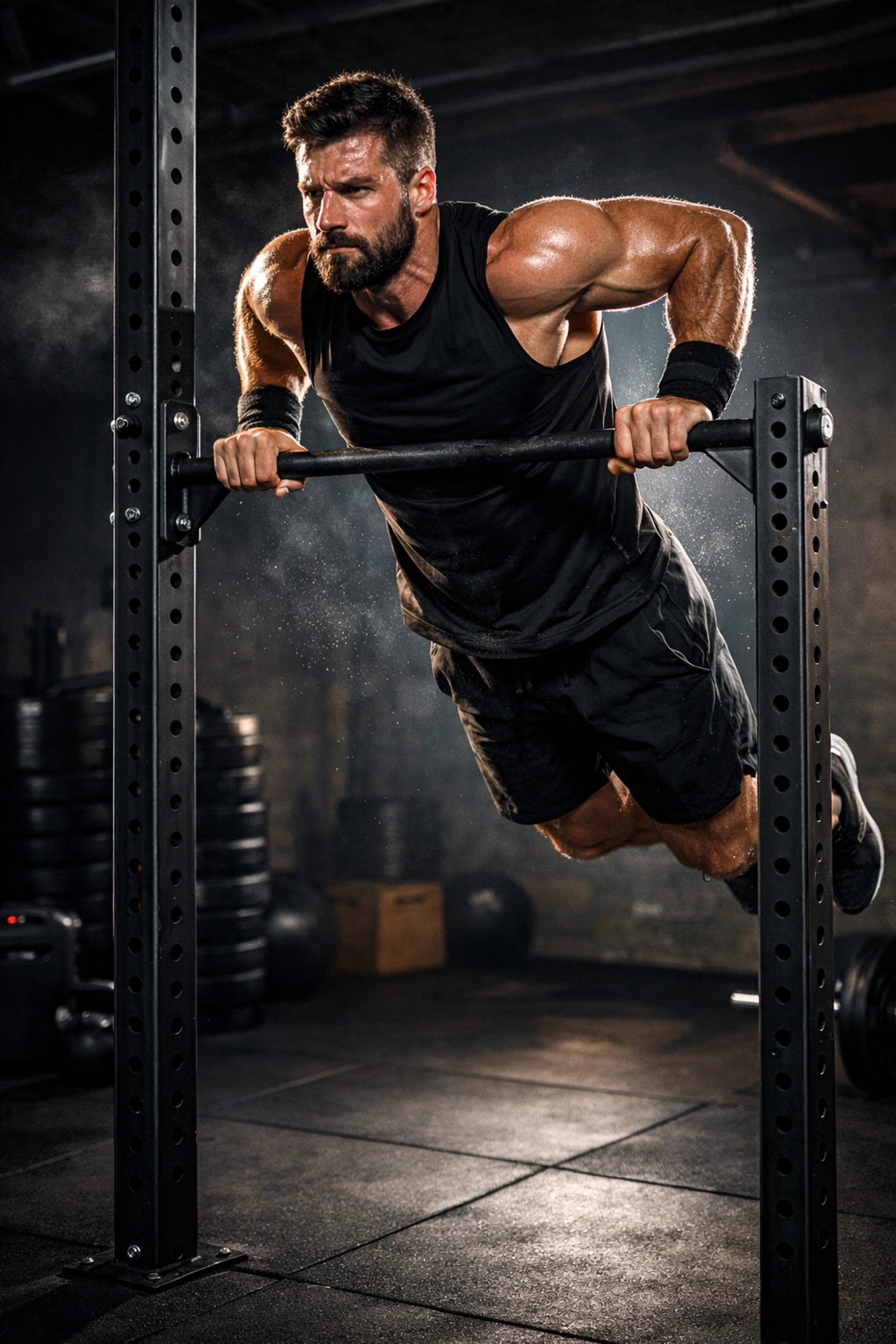 CrossFit athlete performing a muscle up on a vertical rail for home bodyweight training.