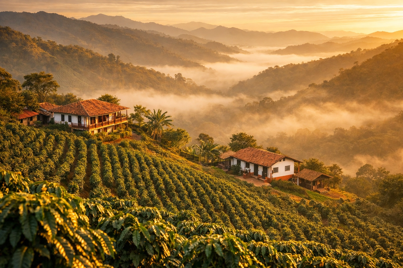 Colombian coffee farms on misty mountain slopes at high altitude growing regions