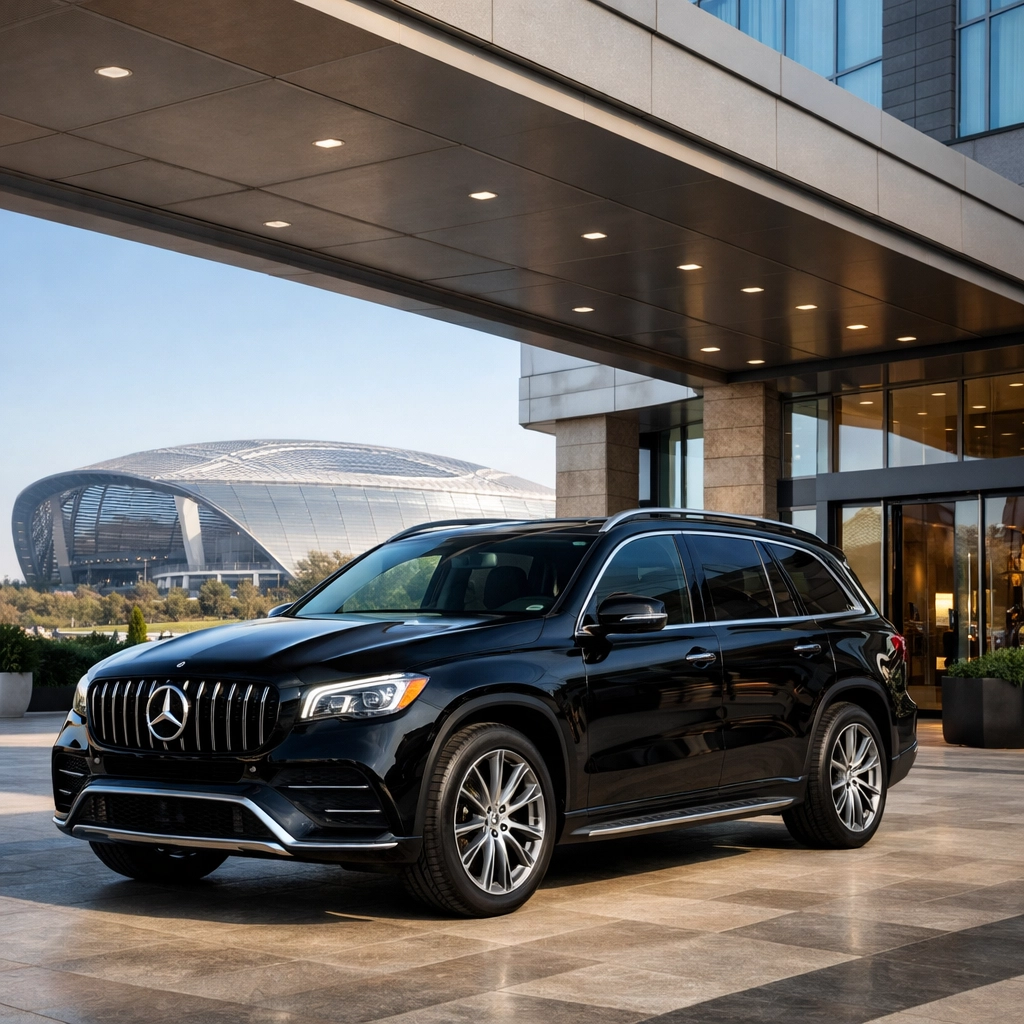 Premium black SUV transportation for VIP guests at a luxury hotel near the Super Bowl stadium.