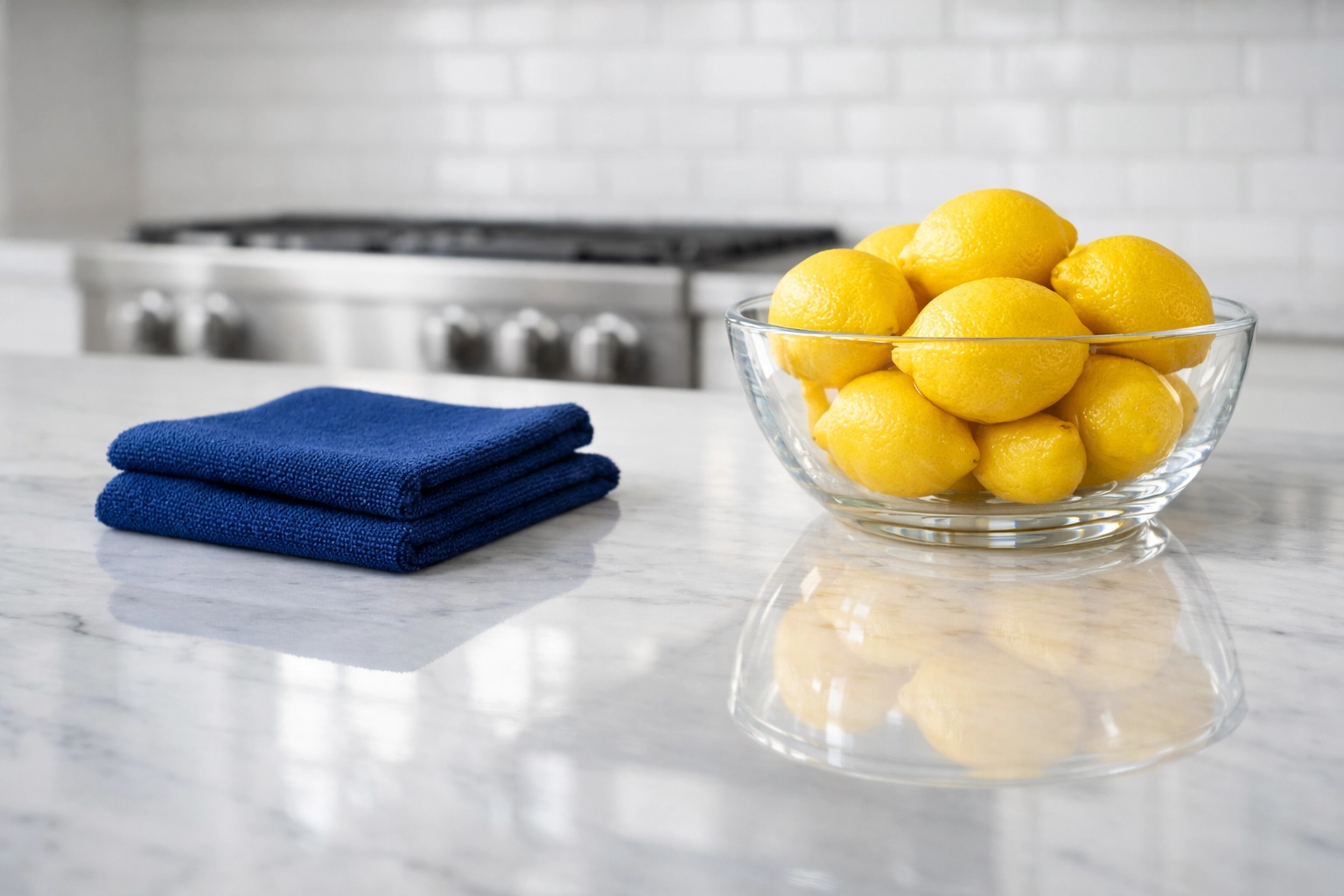 Spotless white marble kitchen countertop showing the professional attention to detail in a Boston apartment turnover.