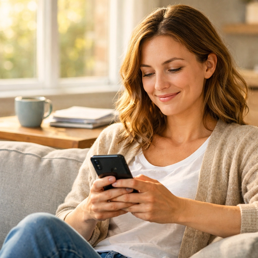 Woman smiling while checking her eligibility for a loan up to 3000 in Canada on her phone.