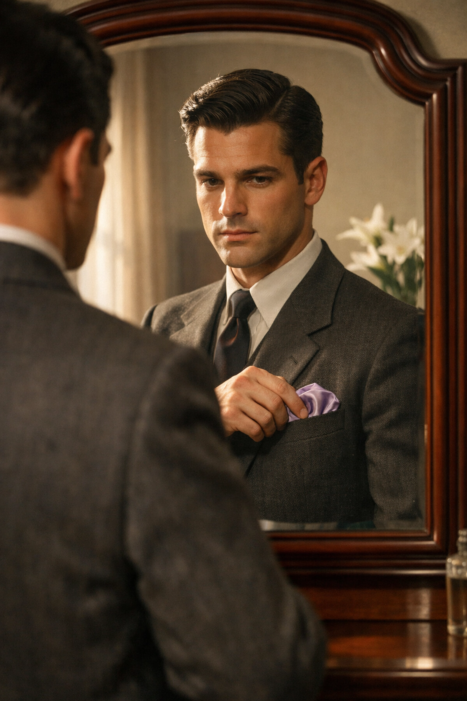 A gay man in a sharp 1950s suit prepares for an Easter service, symbolizing mid-century queer resilience.