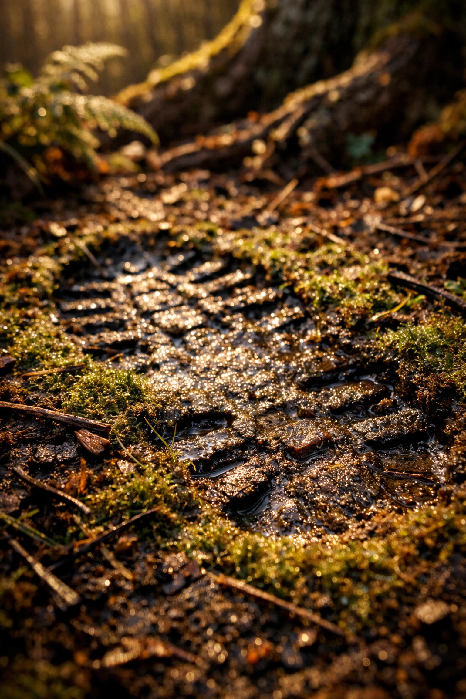 Close-up of a human track on a mossy forest floor in Devon, showing subtle mantracking signs.