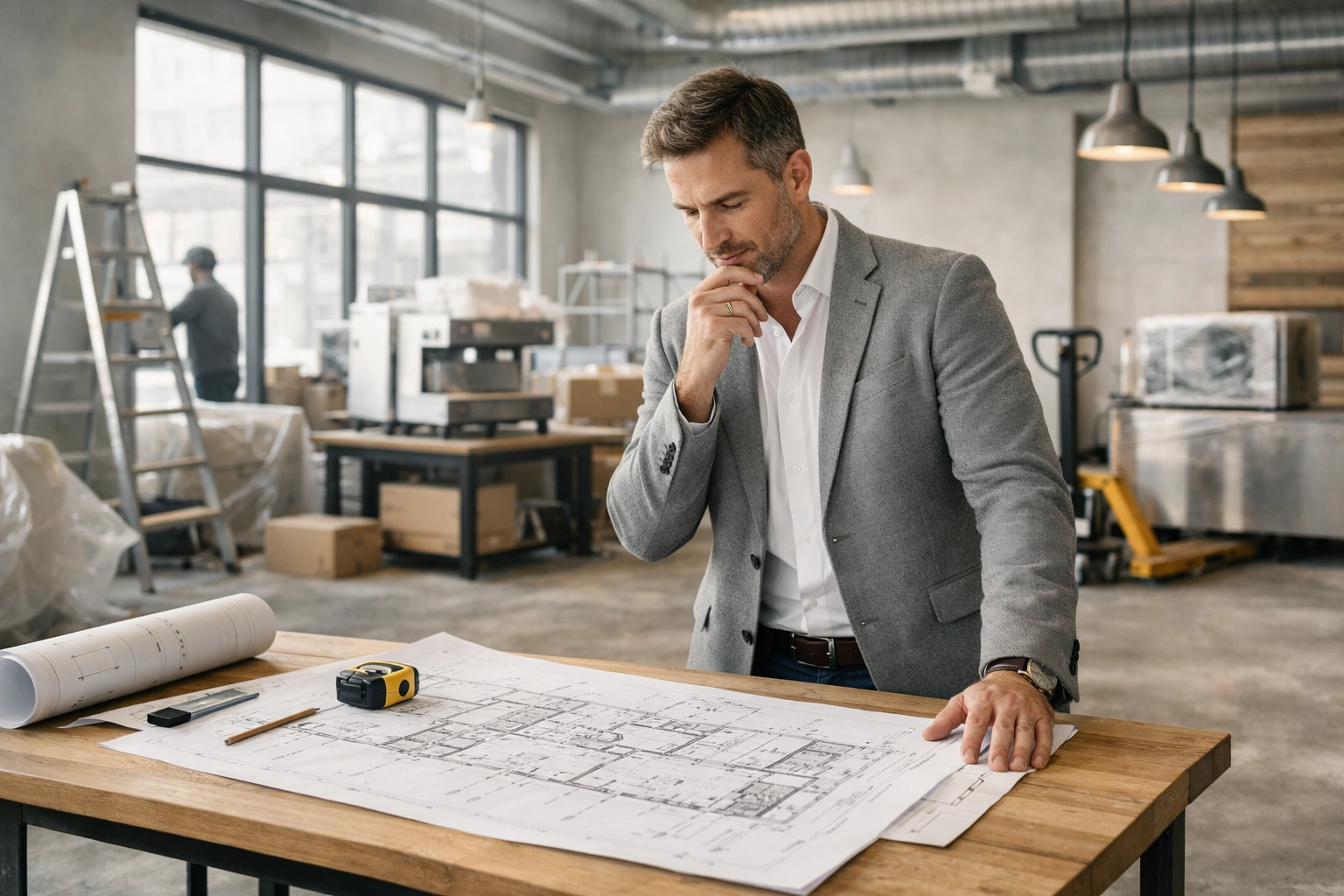 Entrepreneur planning business expansion and equipment upgrades using a CSBFL loan.