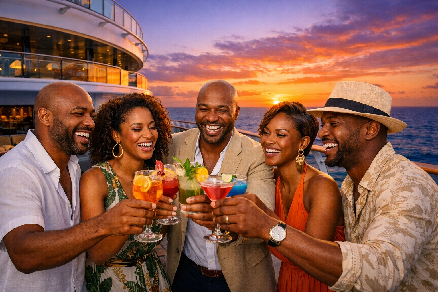 Friends enjoying a luxury cruise sunset, illustrating successful group trip planning results.