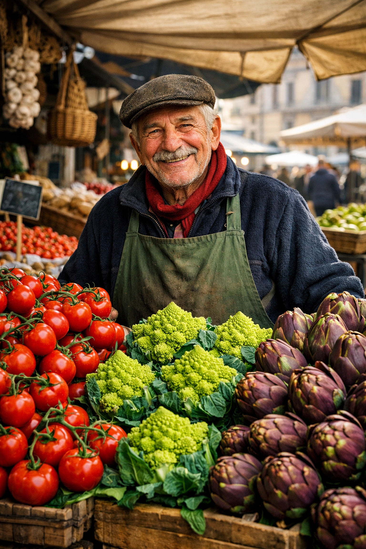 Fresh produce stall in a local Roman market, ideal for finding budget travel food and ingredients.
