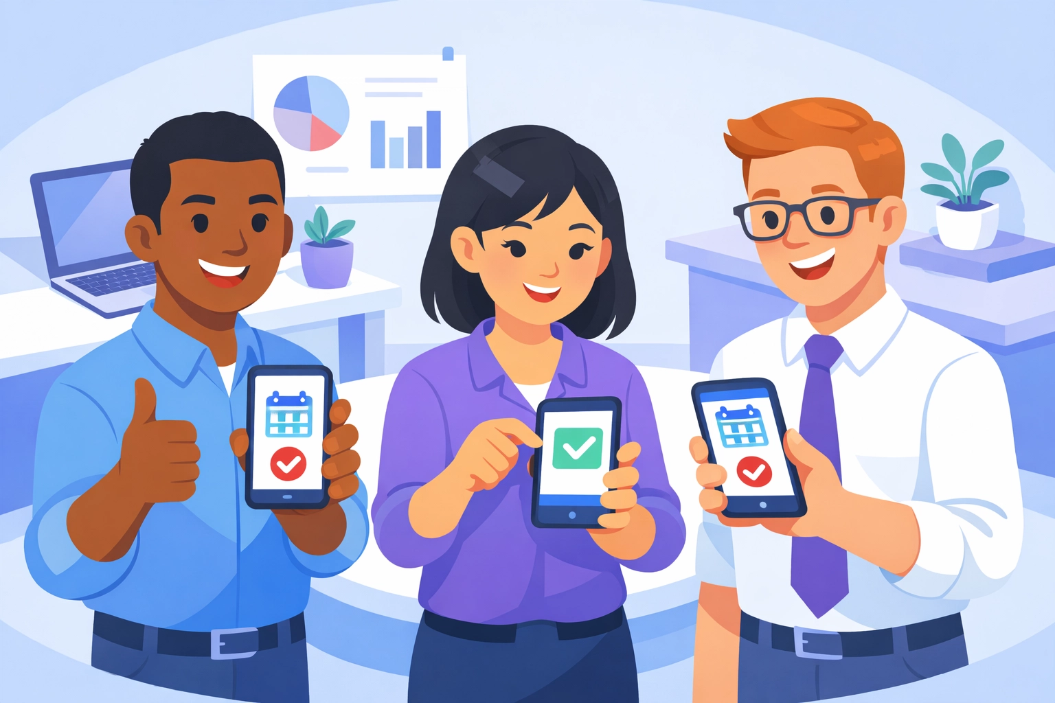 Employees using smartphones for mobile leave approvals and workflow automation in the office