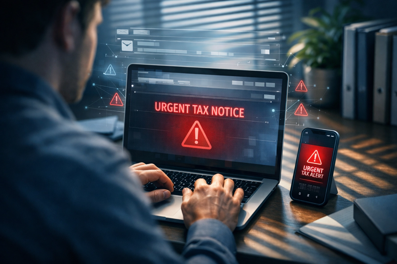 An office worker analyzing a potential phishing email to prevent tax season data security breaches and ransomware.