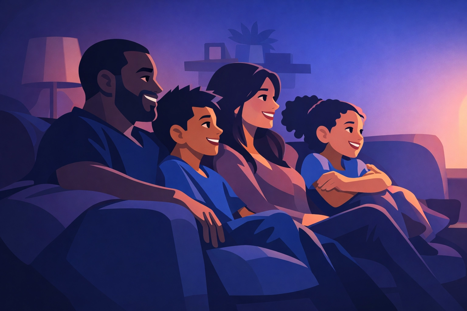 Christian family watching Minecraft movie together on couch in living room